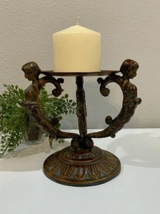 Portacandele vintage decorativo metallo sirena floreale ruggine colonna nero - Foto 1 di 9
