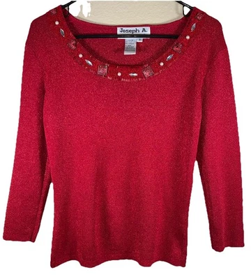 Top vintage Joseph A rojo brillante con cuentas joyas pequeño manga larga San Valentín Foto 1 de 4