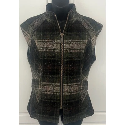 Chaleco de tweed Cabi All Tied Up mezcla de lana verde a cuadros cremallera frontal talla M Foto 1 de 4