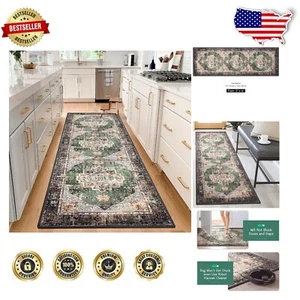 Machine Washable 2x6 Vintage Green Runner Rug – Ideal for Entryway & Kitchen - Picture 1 of 9