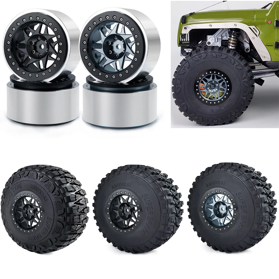 4PCS 2.9" Beadlock CNC Wheel Rims/Mud Tires for 1/6 RC Crawler Car Axial SCX6 - Image 1 of 1