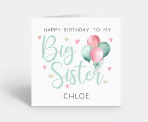 Personalised Big Sister Birthday Card Happy Birthday Pink & Green Balloons - Picture 1 of 2