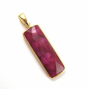 Ruby Dyed Rectangle Bezel Gem Pendant with Bail-22K Gold Vermeil Pendant 41mm - Picture 1 of 6