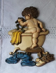 Vintage 1975 Sexton Metal Wall Decor Boy Getting Into Tub With Frog Made In USA - Picture 1 of 6