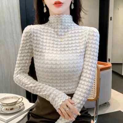 Maglia Sottogiacca Donna Aderente Slim Lupetto Collo Alto Bianco Pizzo 40300 - Immagine 1 di 2