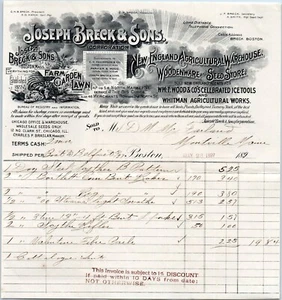 um 1890 Joseph Breck Söhne Bauernhof Garten Rasen Samen Lager Briefkopf Landwirtschaft Vintage - Bild 1 von 2