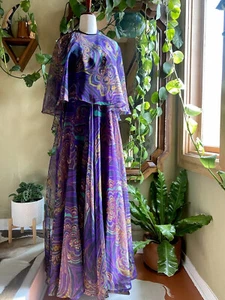 Vintage 1960’s Jack Bryan Designer Chiffon Dress & Cape, Peacock Purple Sz 12 - Picture 1 of 11