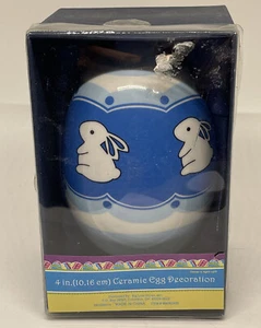 Easter Decorative Ceramic Egg Blue 4" Tall stands chicks bunny rabbit Read - Picture 1 of 3