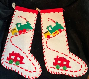 Vintage White Felt Choo Choo Trains Christmas Stockings 15 Inches Long - Picture 1 of 12