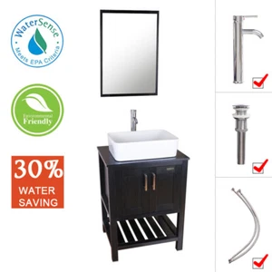 24" Black Bathroom Vanity Set w/ Rectangle Ceramic Sink Mirror Cabinet Combo - Picture 1 of 7