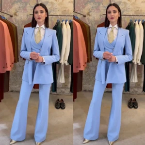 Sky Blue Women's Suits Peak Lapel Lady Office Work Wear Slim Fit Three Pieces - Picture 1 of 8