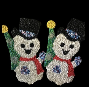 VINTAGE MELTED PLASTIC POPCORN SNOWMAN SET OF 2 - Picture 1 of 6