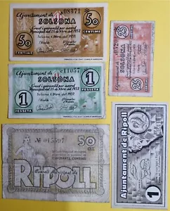 Lote de 5 billetes LOCALES año 1937 de la 2ª republica ESPAÑOLA SOLSONA y RIPOLL - Picture 1 of 2