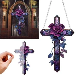 Purple Rose Cross SuncatcherHanging Decor, Flat Stained Acrylic Suncatcher - Picture 1 of 12