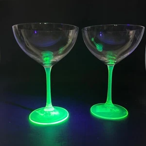 Pier 1 Cocktail Wine Glasses Vaseline Glass Stem Glows Czech Republic Set of 2 - Picture 1 of 7