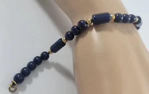 Vintage Bracelet Navy Blue &  Gold Plastic Beads Signed MONET - Picture 1 of 4