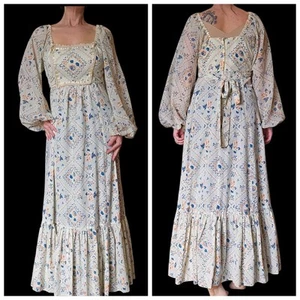 70s Floral Prairie Dress Sheer Long Sleeves Cream Square Neckline Sz 8 Cottage - Picture 1 of 13