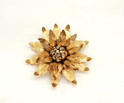 Vintage Monet Gold Tone Chrysanthemum Pin Statement Brooch Signed Detailed - Image 1 of 4