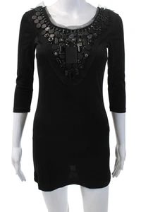 Catherine Malandrino Womens Beaded Silk Mesh Trim Scoop Neck Dress Black Size P - Picture 1 of 4