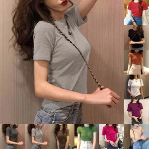 Women Summer Casual Solid Color T Shirt Short Sleeve for Trendy Everyday Wear - Picture 1 of 15