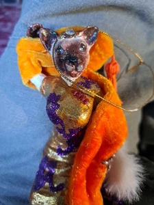 Unico Elegante Glitter Lady Gatto Siamese Decorazione Albero di Natale 5" Vintage - Foto 1 di 3