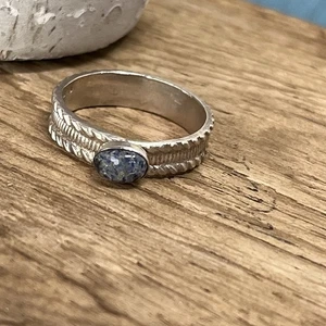 VTG 925 silver ring engraved band denim lapis Cabachon 8.5 - Picture 1 of 5