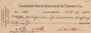 Camden New Jersey Safe Deposit Trust Cancelled Check 1940 Met Life Insurance - Picture 1 of 2