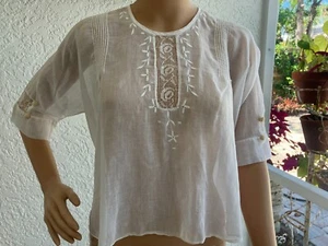VINTAGE HANDMADE 1930's SHEER WHITE LAWN BLOUSE FILET LACE & EMBROIDERY S/M - Picture 1 of 12