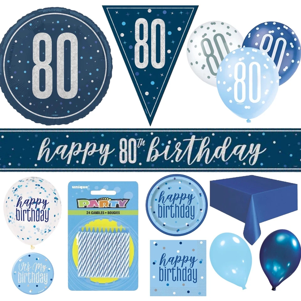 UNIQUE PARTY Blue 80th Birthday Decorations Happy Party Banner Bunting Balloons Candle Age 80