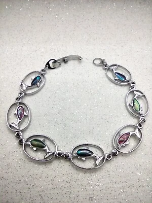 Abalone Dolphin Oval Link Bracelet Silver Tone 7" Beach Wear Paua - Image 1 of 4
