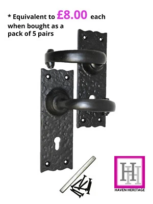 DOOR HANDLE CAST IRON BLACK ANTIQUE LEVER LOCK ORNATE SQUARE PLATE + FIXINGS - Image 1 of 4