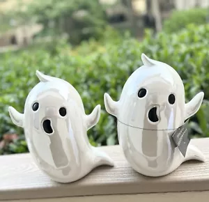Iridescent VIRAL Ceramic Ghost Figurines Set Of 2 NWT HTF Halloween Decor - Picture 1 of 2