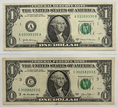 LOTE de Billetes RADAR De 1 Dólar Años 2017 A 03399330 B . 2013 C 30288203 E. - Image 1 of 2