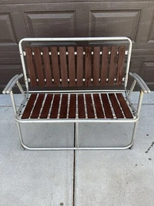 Vintage MCM Klappbare Aluminium Holz Latte Loveseat Doppelrasen Stuhl Veranda Terrasse - Bild 1 von 9