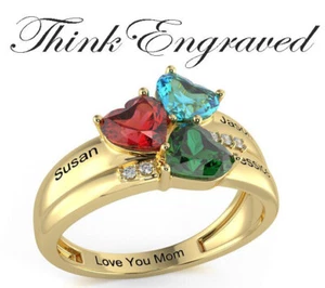 Personalized Gold 3 Heart Birthstone Mother's Ring -Engraved Mom Ring - Picture 1 of 5