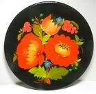Vintage Hand Painted Russian Folk Tole Floral Black Laquer Wood Plate #48-RUSSIA