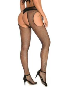 Sexy Brand New Ladies Black Sheer Full Length Stockings Rhinestone Cut-Out - Bild 1 von 6