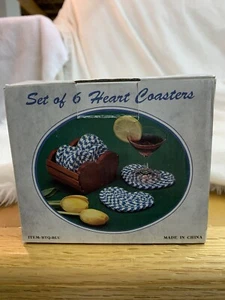 Posavasos en forma de corazón azul blanco soporte de madera juego de 6 vajilla decoración de campo - Imagen 1 de 9