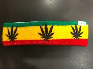 GANJA THREE WEED LEAF ON RED GOLD GREEN HEADBAND ROOTS REGGAE RASTA - Picture 1 of 2
