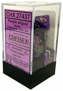 16mm 7 Die Dice Polyhedral Set - Chessex Vortex Purple With Gold