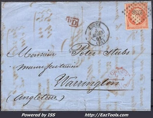 FRANCE N°16 SUR LETTRE POUR WARRINGTON UK PC 2738 ROUEN + CAD DU 03/03/1861 - Picture 1 of 2
