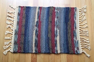Flying Shuttle Hand Woven Wool Rag Rug Handmade 19x27 Fringe - Picture 1 of 5