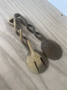 Vintage Hand Carved Wooden Twisted  Spoon & Fork Set Large  Salad Server - Picture 1 of 6
