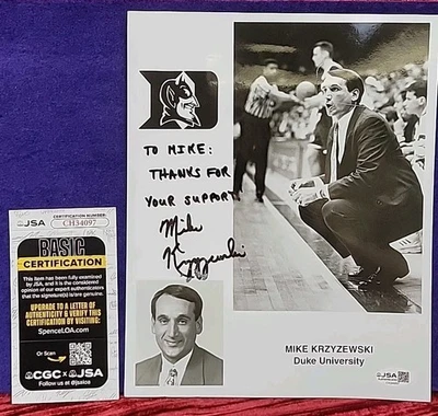 DUKE Basketball Mike Krzyzewski NCAA Coach Autograph Auto singed 8x10 JSA COA - Image 1 of 4