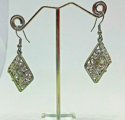 Vintage Earrings Silver Metal Rhinestone Diamante Crystal Dangle Drop 1980' - image 1 of 4