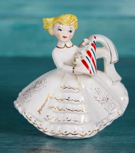 Vintage Lefton Japan #1853 Januar Geburtstag Neujahr Mädchen mit Hut Porzellan 4 Zoll - Bild 1 von 12