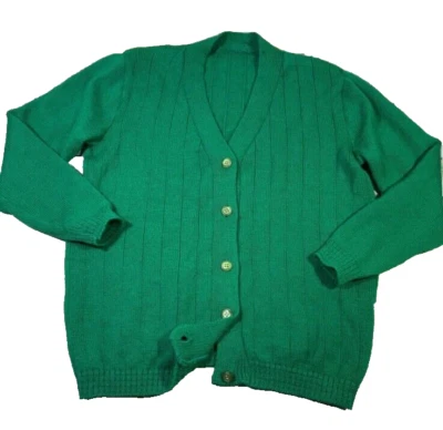 Vtg Cardigan Sweater Flaws Wool Large Academia Preppy Green Buttons Warm c - Image 1 of 4