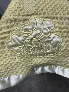 “Bless This Baby” Moon & Star Yellow Vtg Acrylic Satin Trim Waffle Baby Blanket - Picture 1 of 4