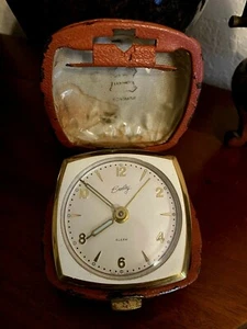ANTIQUE Bradley Travel Alarm Clock Genuine Leather Case Made In Germany - Picture 1 of 12