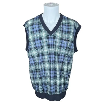 VTG IZOD Golf Vest Men's L Green Tartan Plaid Pullover Windbreaker Nylon Jacket - Image 1 of 4